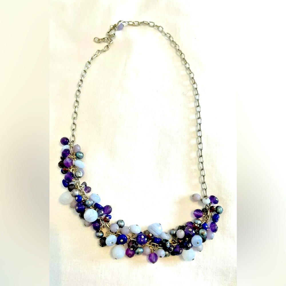 Necklace Purple Beads Choker on Silver Chain Clasp